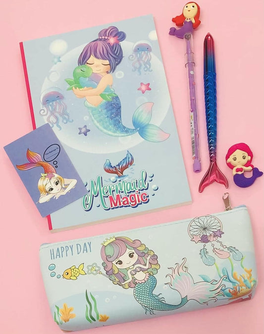 Mermaid Theme Diary Notebook , Pouch , Pen , Pencil , Eraser & Bookmark - HalfPe