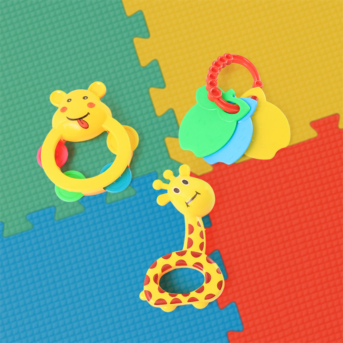 3 Pcs Set Colorful Animal Shape Baby Rattle Toy with Soft Grip and Teething Keys – Safe and Engaging Infant Handheld Play Toys for Newborns and Toddlers