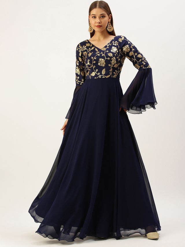 Bollywood Vogue Ready To Wear Blue Bell Sleeves Embroidered Gown