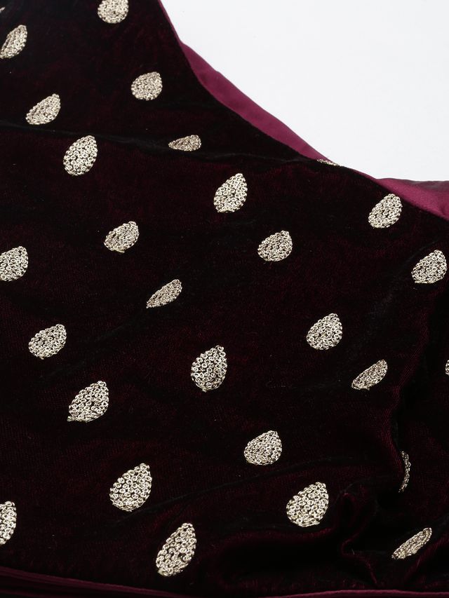 Bollywood Vogue Ready To Wear Magenta Embroidered Velvet Blouse N Silk Skirt Set