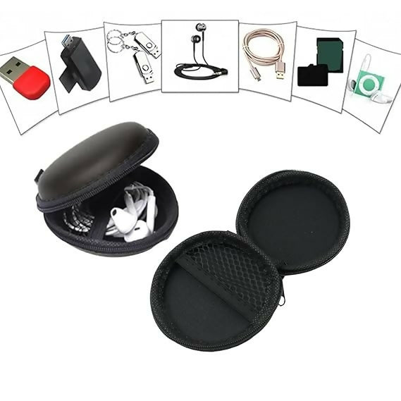 Round Earphone & Accessories Carry Case Compact Pouch for Cables, Coins & AirPods