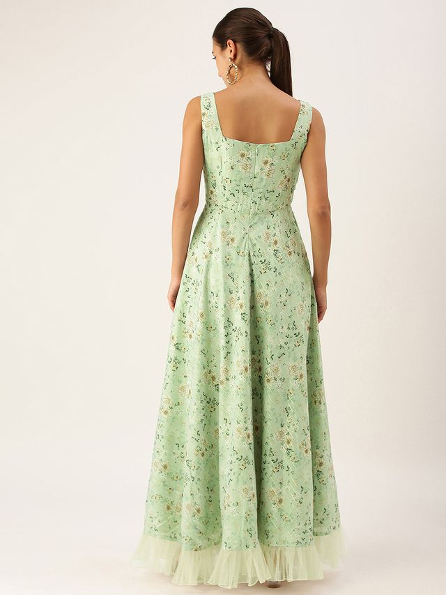 Bollywood Vogue Ready To Wear Green Muslin Ruched Maxi Dress