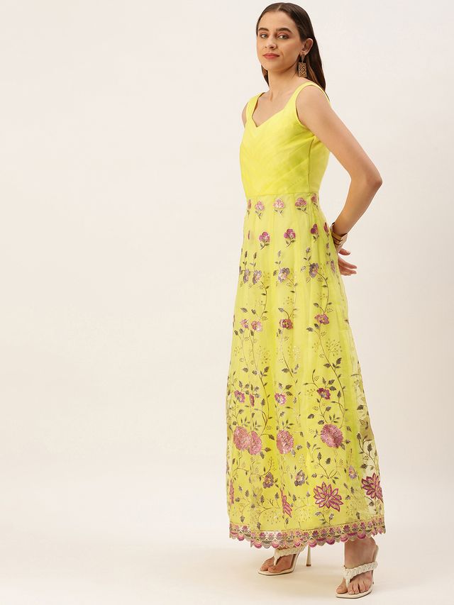 Bollywood Vogue Ready To Wear Yellow Organza Embroidered Gown