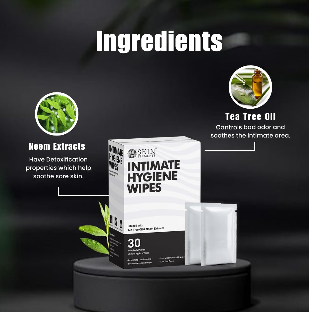 Skin Elements Intimate Hygiene Unisex Wipes | Pack of 30 Individually Wrapped Wipes | pH-Balanced with Tea Tree Oil | Controls Bad Odor | Travel-Friendly & Gentle Cleansing for Daily Freshness