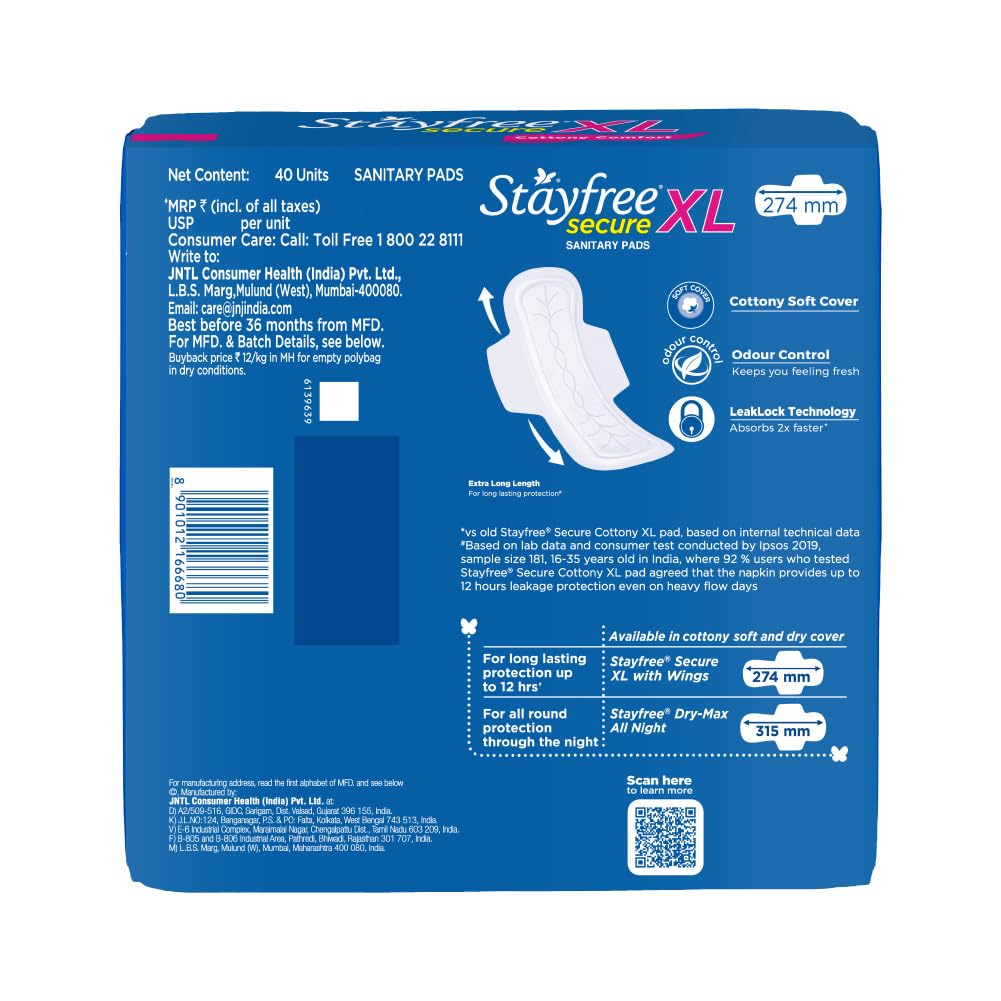 Stayfree Secure XL Sanitary Pads For Women, 40 Pads, Cottony Soft Cover