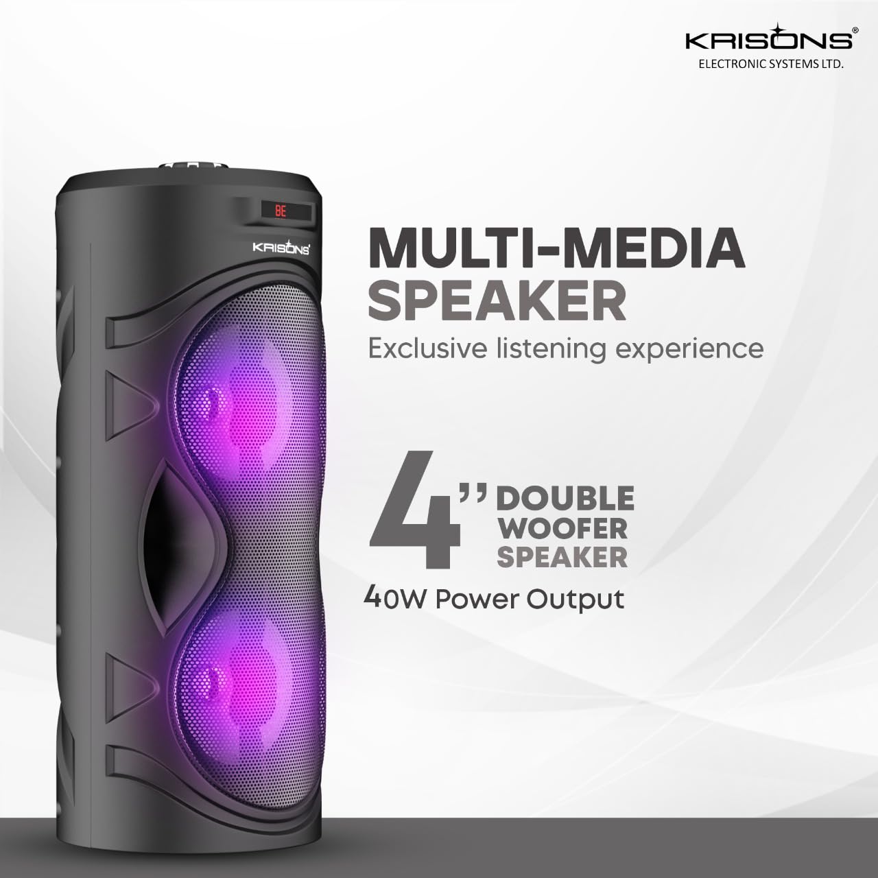 Krisons Cylinder 30W Double Woofer Multimedia Bluetooth Party Tower Speaker with Wired Mic, RGB Lights, USB, SD Card & FM Radio – Black