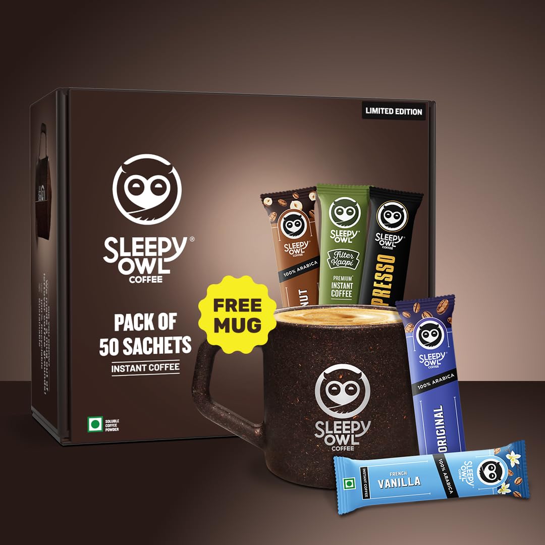Sleepy Owl Instant Coffee Gift Pack | 50 Coffee Sachets + Free Mug | Assorted Flavours: Original, French Vanilla, Hazelnut, Xpresso & Filter Kaapi | Perfect Premium Coffee Gift Set