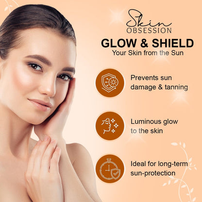 SkinObsession Lumi Glaze+ Gold Highlighting Sunscreen SPF 50 PA+++ with Instant Dewy Glow Lightweight, Non Sticky No White Cast With Niacinamide And Hyaluronic Acid 30g Lohiya Retails