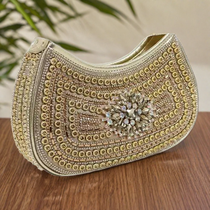 Crystal Embellished Clutch – Luxe Rhinestone Party Bag (Beige)