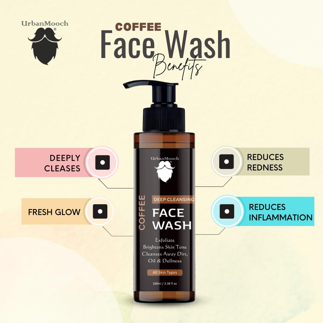 UrbanMooch Coffee Face Wash For Men | For Deep Cleansing | DeTan Skin | Glowing Skin with Arabica Coffee and Niacinamide |100ml each (Pack Of 2) Lohiya Retails