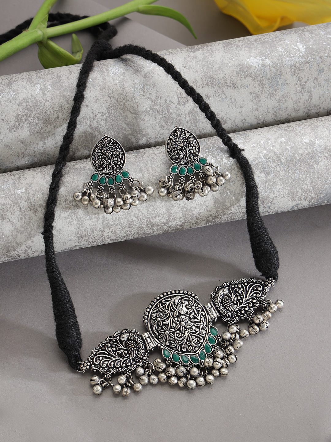 Oxidized Silver-Plated Green Stone-Studded & Beaded Handcrafted Peacock Shaped Jewelry Set