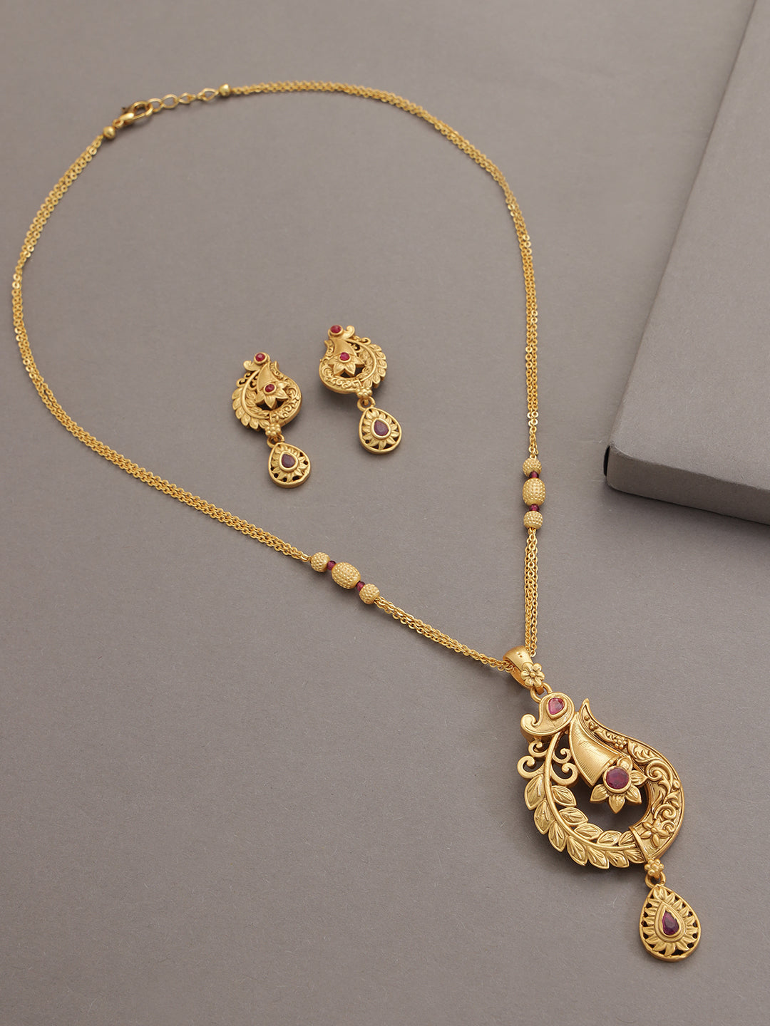 Gold-Plated Maroon Studded Handcrafted Jewellery Set