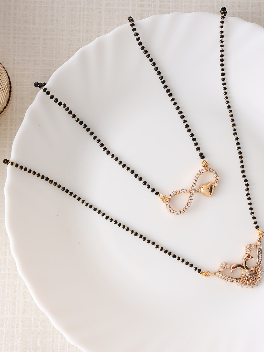 Set Of 2 White & Black Rose Gold Plated Ad-Studded & Beaded Mangalsutra