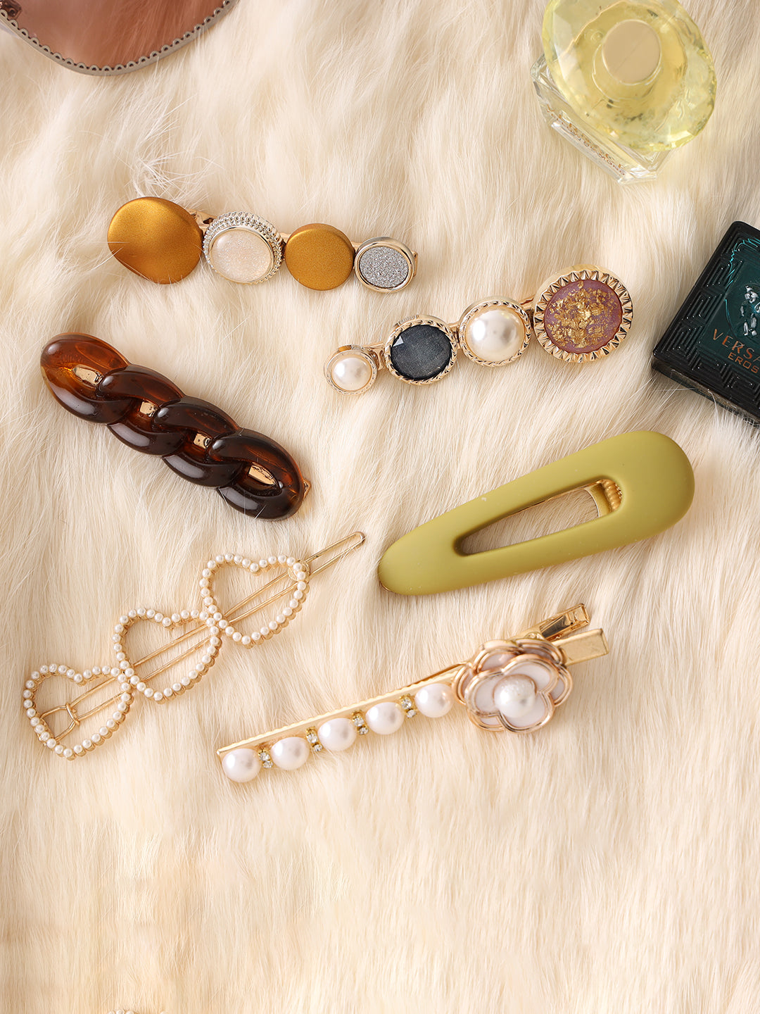 Multi-Color Pearls Gold Plated Set Of 6 Alligator Hair Clip
