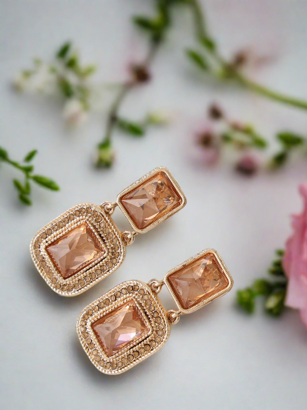 Peach Stone & Cz Studded Square Shaped Drop Earrings