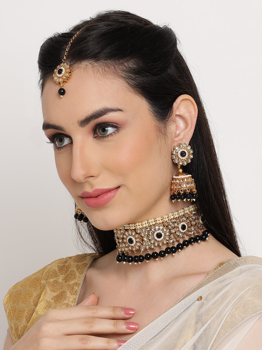 Gold-Plated & Dark Blue Kundan & Beads Studded Traditional Choker Necklace Earring & Maangtikka Set
