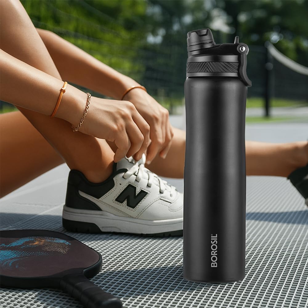 Borosil 800ml  Aquasport Stainless Steel Bottle with Straw & Sipper Lid | 10 Hrs Hot & Cold Made in India Double Wall Vacuum Flask | Office, School, Gym & Travel | 1 Year Warranty