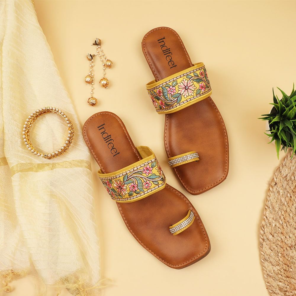 Indifeet Ethnic Toe Ring Flats for Women - Yellow - View 2