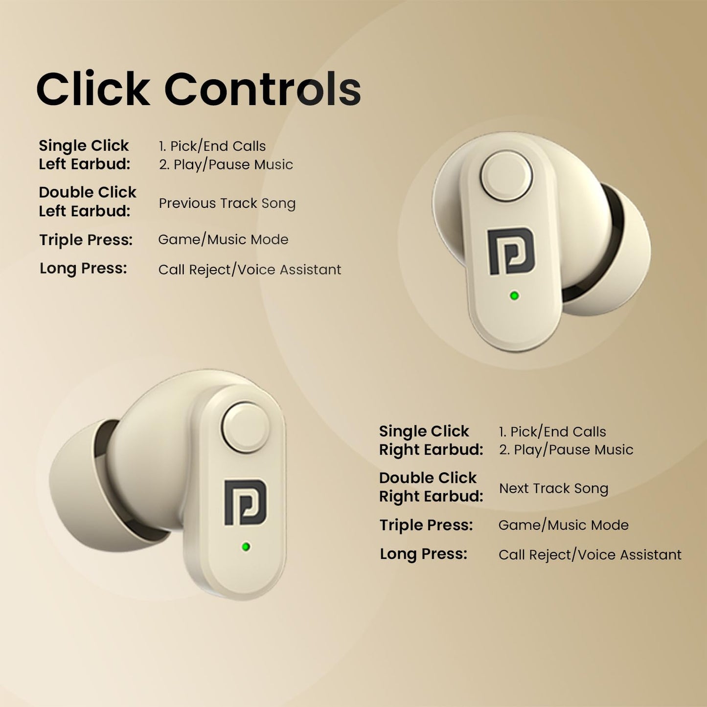 Portronics Harmonics Twins S16 TWS Earbuds with Game Mode & Clear Calls (Playback Time: 24 hrs)(Beige)