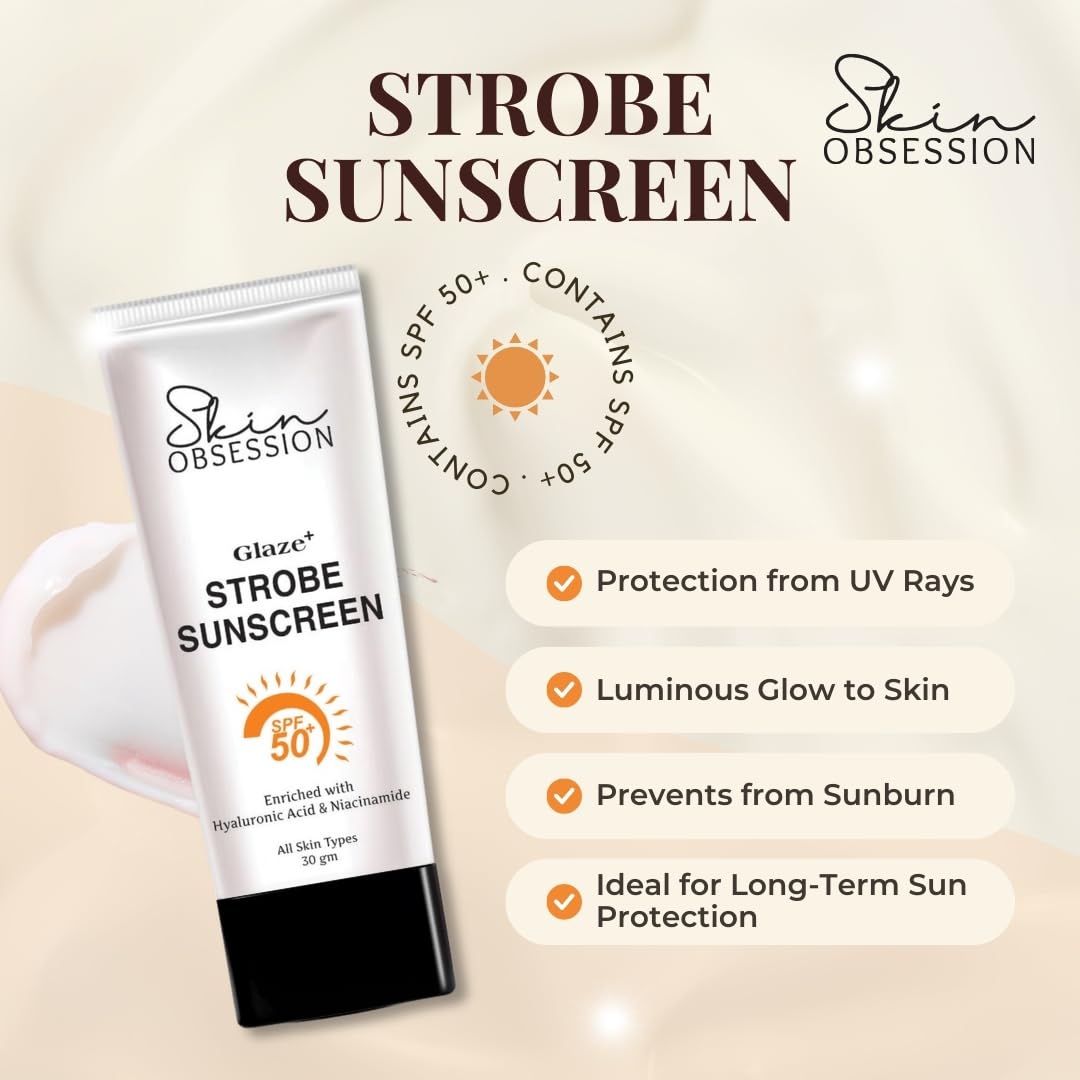 SkinObsession Lumi Glaze+ Gold Highlighting Sunscreen SPF 50 PA+++ with Instant Dewy Glow Lightweight, Non Sticky No White Cast With Niacinamide And Hyaluronic Acid 30g Lohiya Retails