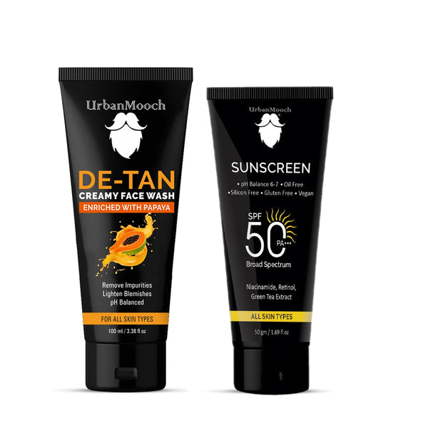 UrbanMooch De-Tan Face Wash with Papaya 100ml and SPF 50 PA+++ Sunscreen 50g, pH Balanced, Oil-Free, Vegan Skincare Combo Lohiya Retails