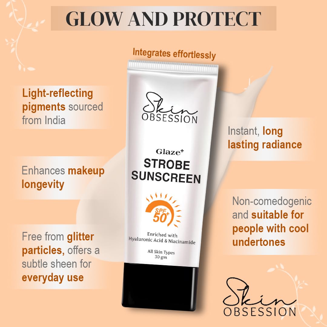 SkinObsession Lumi Glaze+ Gold Highlighting Sunscreen SPF 50 PA+++ with Instant Dewy Glow Lightweight, Non Sticky No White Cast With Niacinamide And Hyaluronic Acid 30g Lohiya Retails