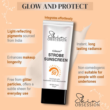 SkinObsession Lumi Glaze+ Gold Highlighting Sunscreen SPF 50 PA+++ with Instant Dewy Glow Lightweight, Non Sticky No White Cast With Niacinamide And Hyaluronic Acid 30g Lohiya Retails