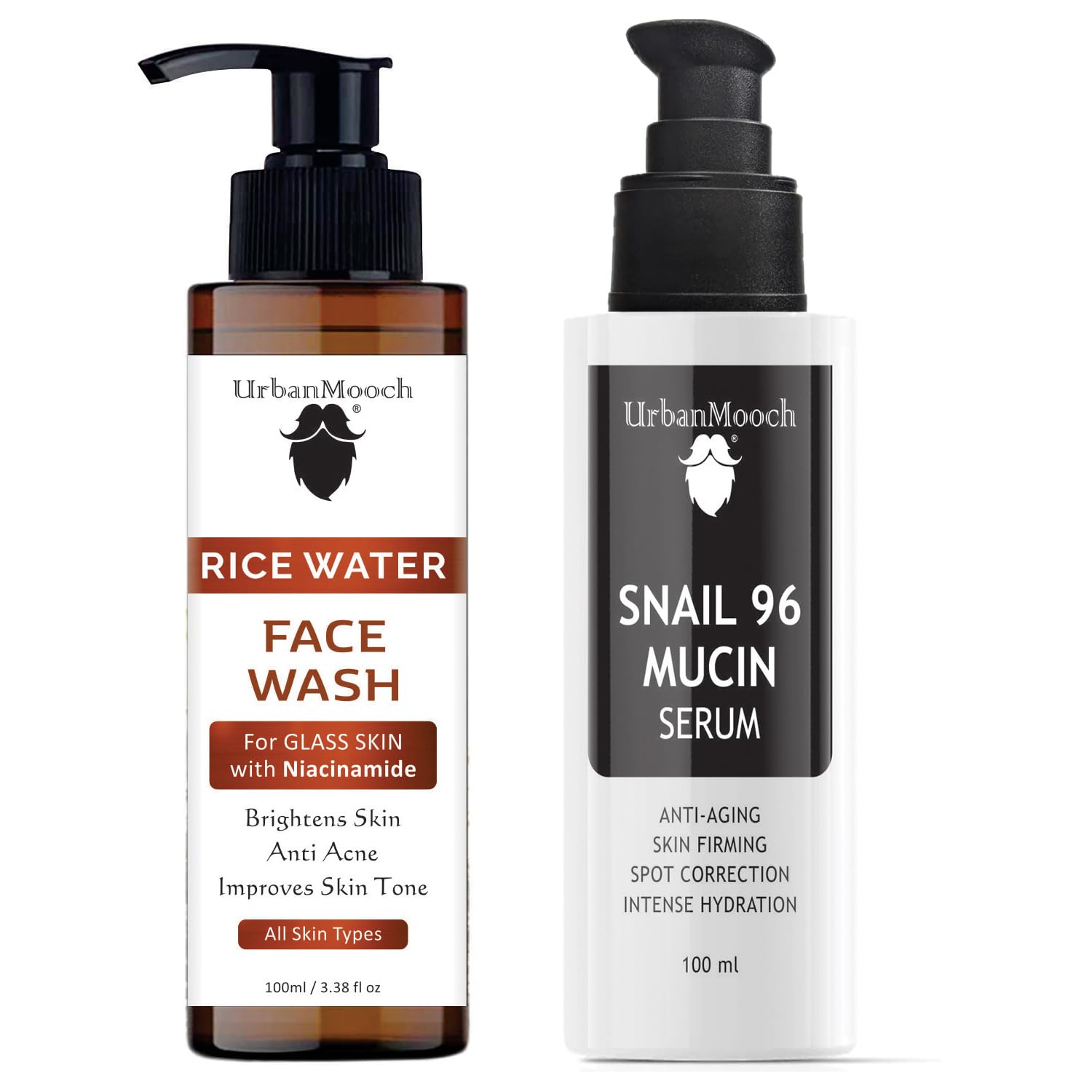 UrbanMooch Korean Skincare Kit for Men | Rice Water Face Wash & Snail Mucin Serum Combo – Skin Brightening, Hydrating & Anti-Aging – Gentle Cleansing + Deep Repair – 100ml + 100ml Lohiya Retails
