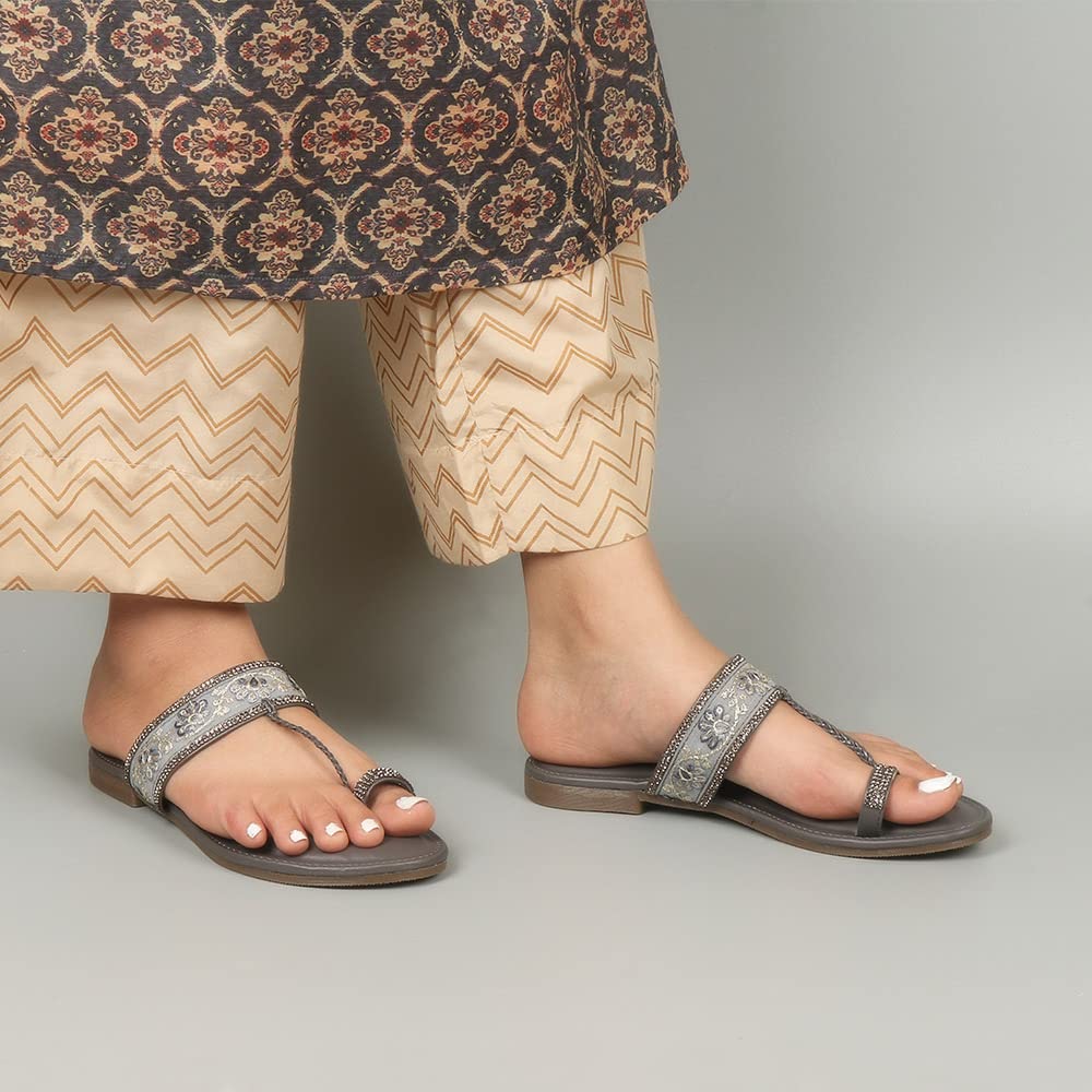 Indifeet Kolhapuri Flat Chappals for Women - Grey - View 3