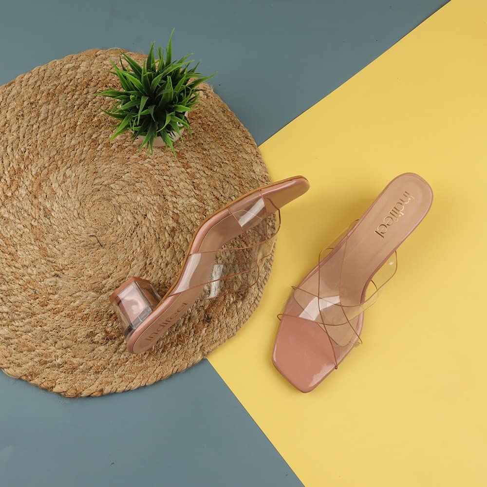 Indifeet Transparent Cross Strap Block Heels - Peach - View 2