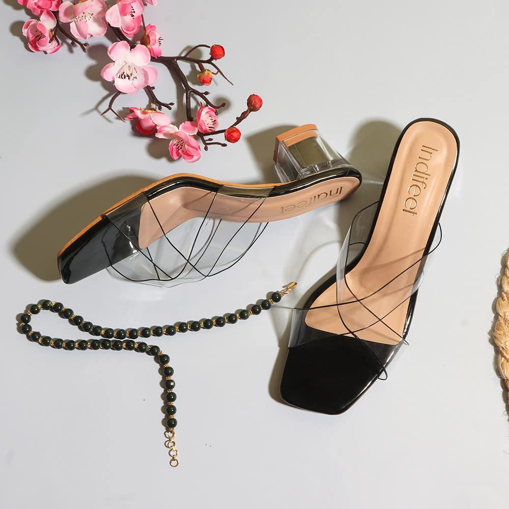 Indifeet Transparent Cross Strap Block Heels - Black - View 2