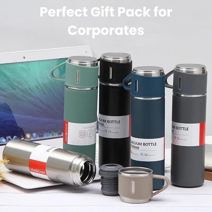 Insulated Double Wall Stainless Steel Tea & Coffee Flask With 3 Cups, Hot & Cold Thermal Bottle (BLACK Color)