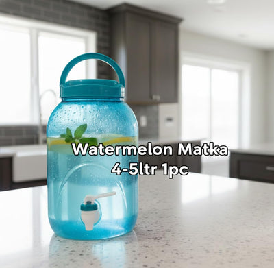 Watermelon Matka 4-5 Liter Water or Juice Can/Jug with a Handle and a Tap, Versatile for Home, Picnics, Camping, & Outdoor Gathering, Easy-to-Clean Available in Three Colors (Blue ) (1pc)
