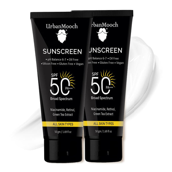 UrbanMooch Pack of 2 Daily Sunscreen For Men SPF 50 PA +++ | Sunscreen with Niacinamide | Broad Spectrum, No White Cast | Acne Safe | Non Greasy | For All Skin Types, Pack of 2 Each 50 gm Lohiya Retails