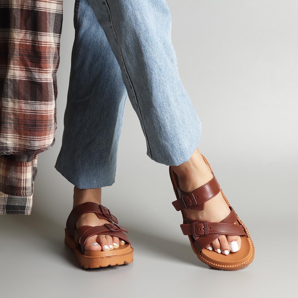 Indifeet Open Toe Buckle Sliders for Women - Brown - Image 3