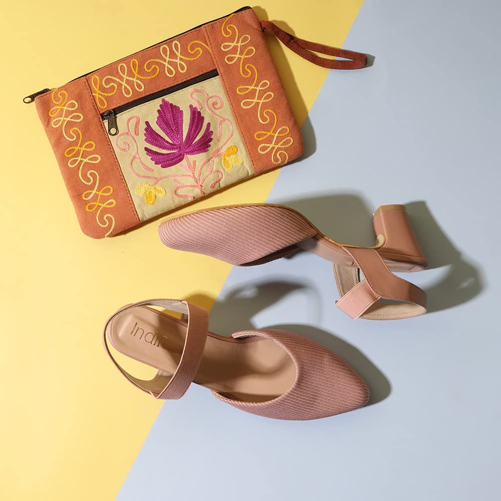 Indifeet Stylish Pointed Toe Block Heel Sandals - Peach - View 3