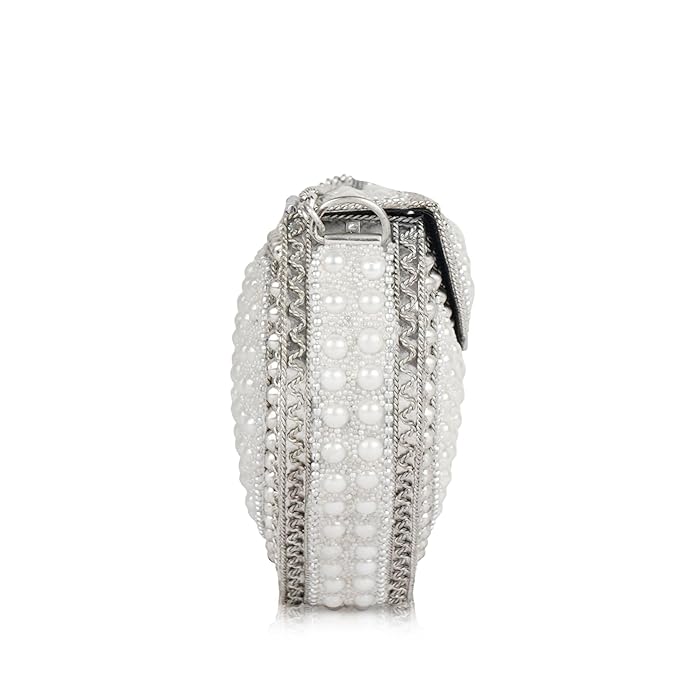 Buddy Cares Metal Bag for Women, Silver Pearl Embellished Clutch Purse with Chain Strap – Heart – view 5 – Buddy Cares