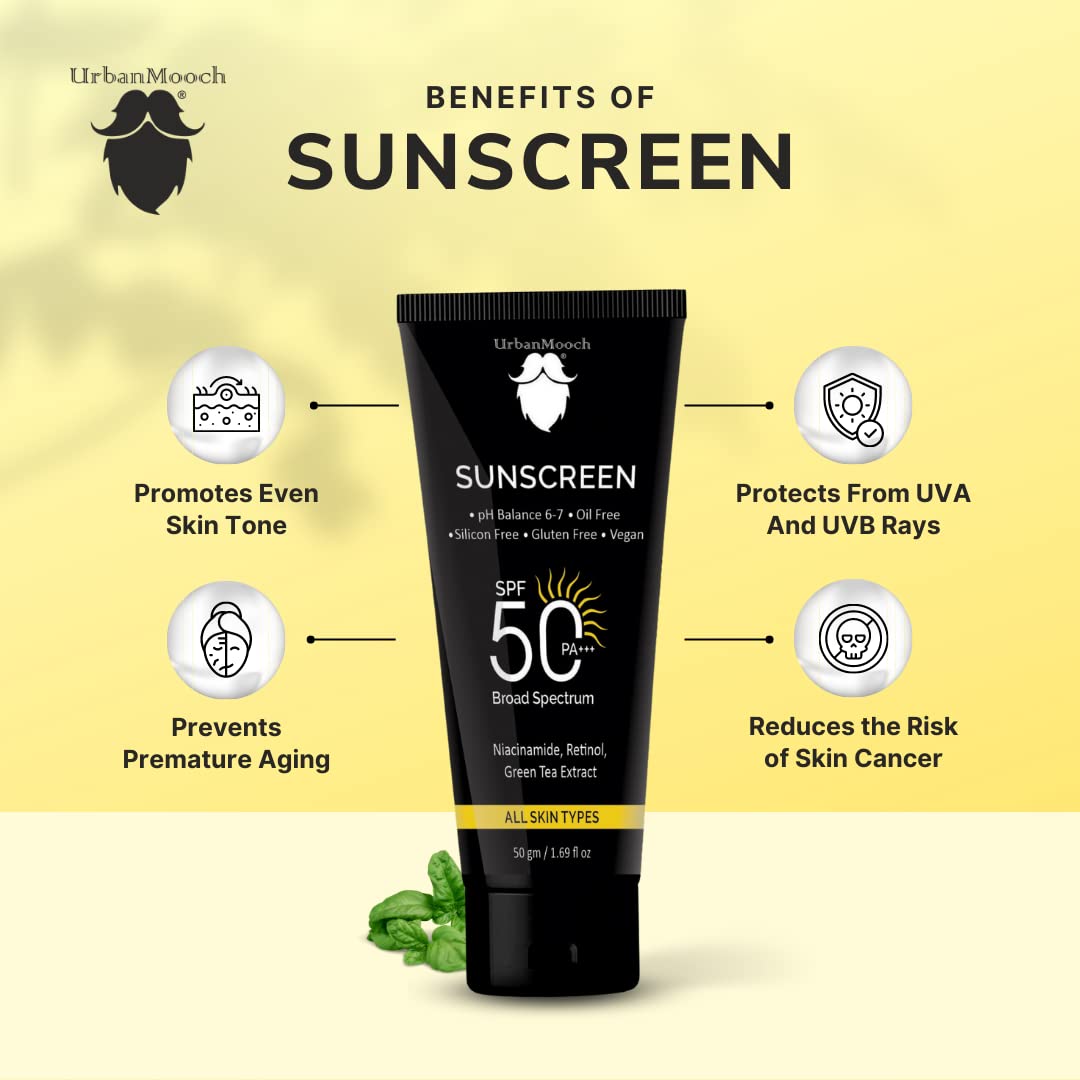 No White Cast Sunscreen for Men SPF 50 PA+++ | UrbanMooch Daily Sunscreen with Niacinamide & Retinol | Lightweight, Non-Greasy, Acne-Safe & Quick Absorbing | Broad Spectrum UV Protection – 50 g Lohiya Retails