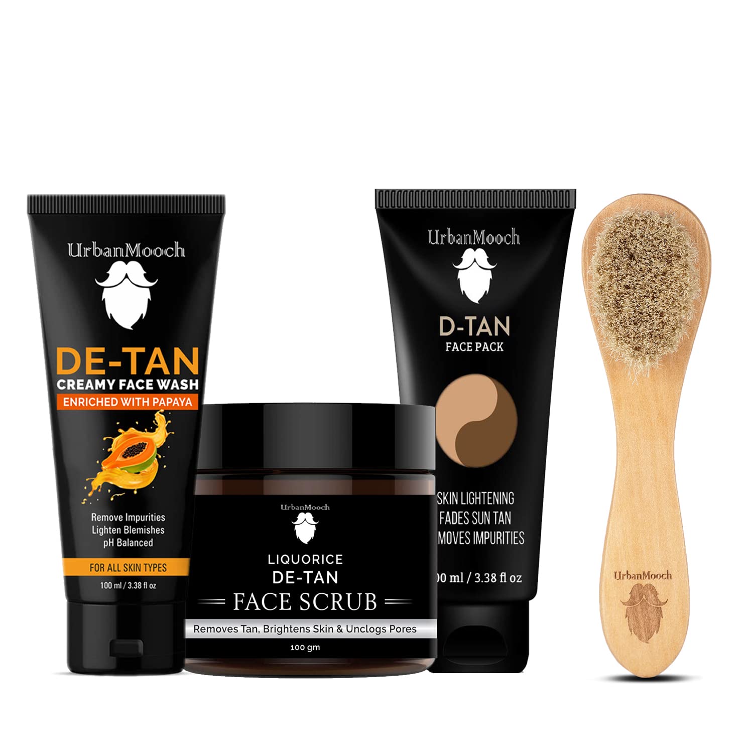 UrbanMooch 4 in 1 Grooming Kit for Men | Skin Brightening & Lightening Detan Facial Kit | Detan Facewash, Scrub, Face Pack, Wooden Face Cleansing Brush Lohiya Retails