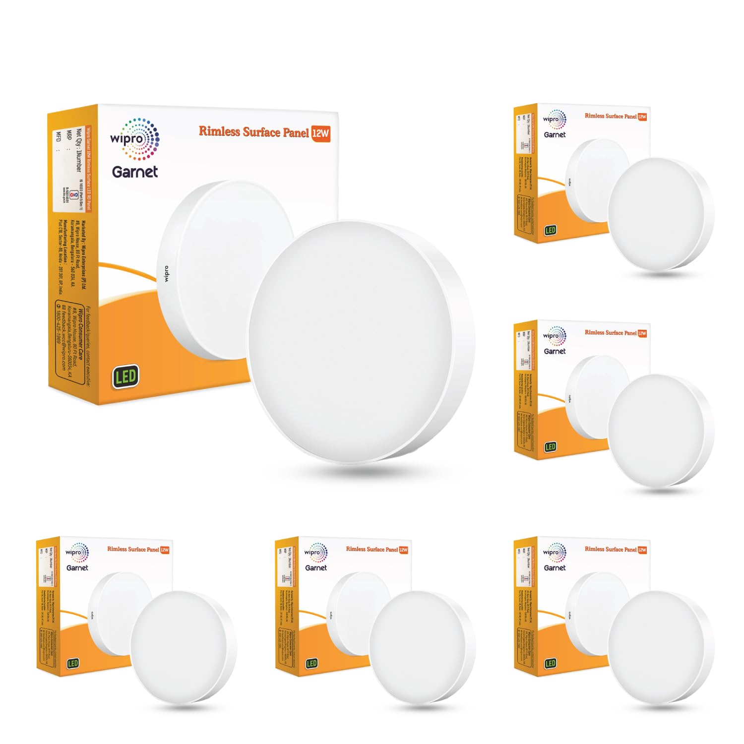 Wipro Garnet 12W Rimless Round Led Surface Panel, Cool White Light (6500K), Elegant Rimless Design for Wider Spread of Light. Surface Mounted Led Down Light for Ceiling | Pack of 6, Polycarbonate