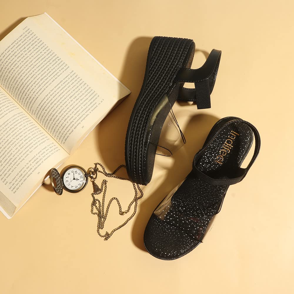 Indifeet Comfortable Platform Wedge Sandals - Black - View 3
