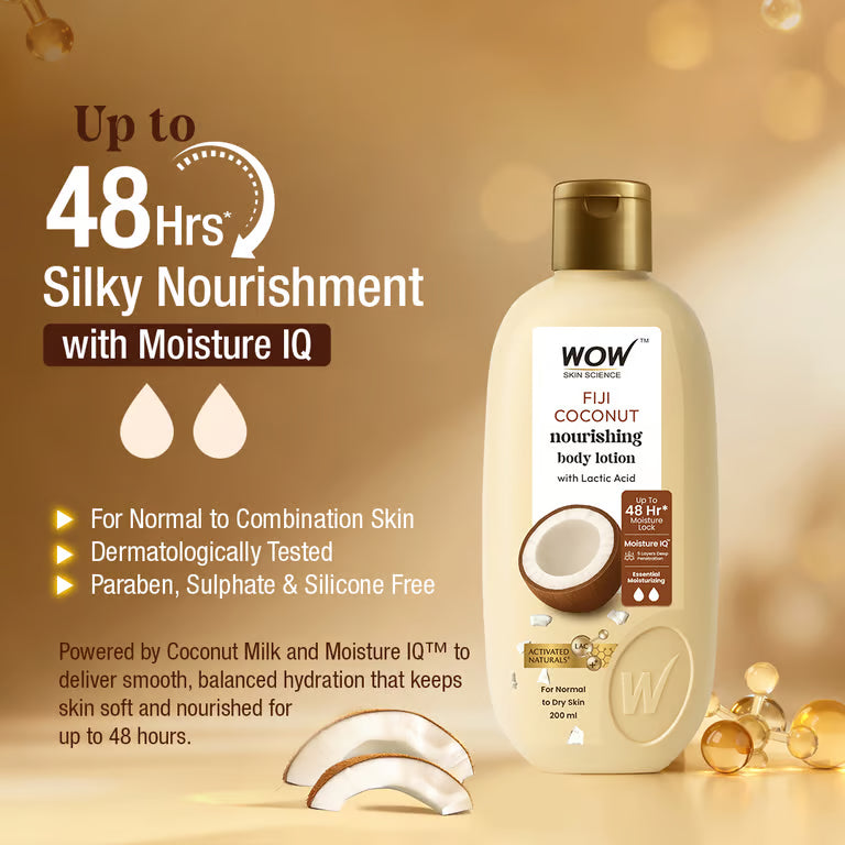 WOW Skin Science Fiji Coconut Body Lotion with Lactic Acid for Deep Moisturization and Smooth Skin for All Skin Types 200ml