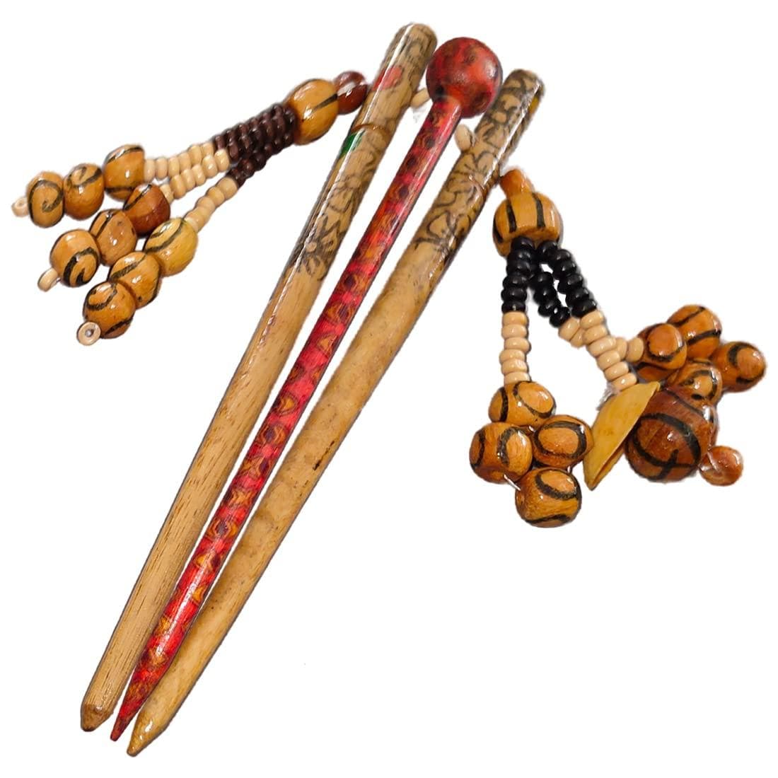 SENECIO Style ABC Ethnic Print With Tassel Wooden Handmade Retro Hair Stick For Juda & Bun Pin 3 Pack - HalfPe