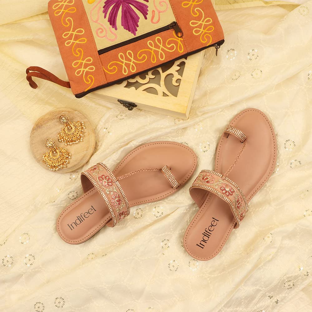 Indifeet Kolhapuri Flat Chappals for Women - Peach - View 3