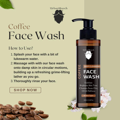 UrbanMooch Coffee Face Wash For Men | For Deep Cleansing | DeTan Skin | Glowing Skin with Arabica Coffee and Niacinamide |100ml each (Pack Of 2) Lohiya Retails