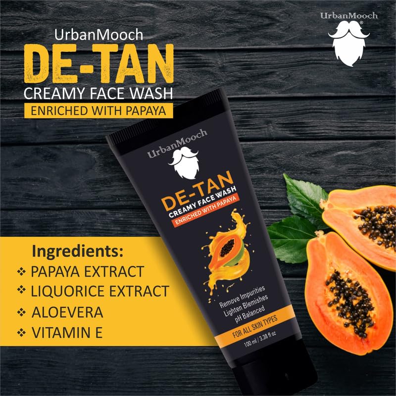 UrbanMooch Tan Removal Face Wash for Men | UrbanMooch DeTan Face Wash with Papaya Extract | Anti-Blemish, Oil-Free Daily Cleanser for Bright & Even Skin | Removes Dirt, Oil & Sun Tan – 100 ml Lohiya Retails