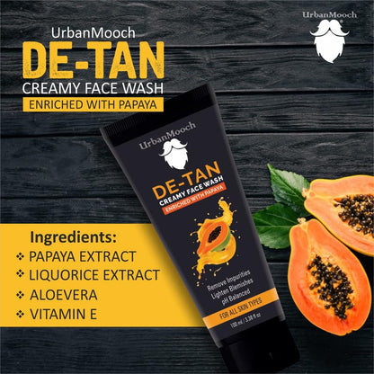 UrbanMooch Tan Removal Face Wash for Men | UrbanMooch DeTan Face Wash with Papaya Extract | Anti-Blemish, Oil-Free Daily Cleanser for Bright & Even Skin | Removes Dirt, Oil & Sun Tan – 100 ml Lohiya Retails