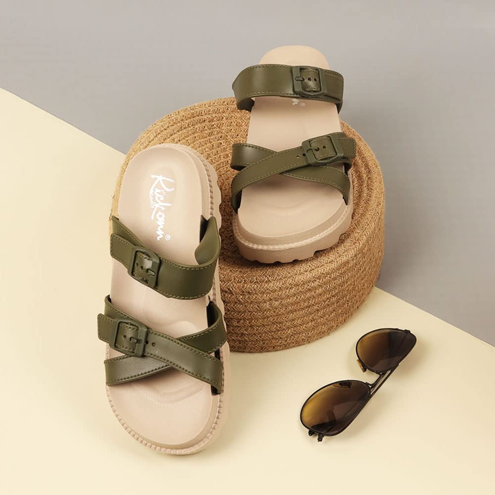 Indifeet Open Toe Buckle Sliders for Women - Green - Image 7