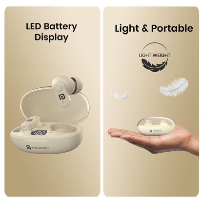 Portronics Harmonics Twins S16 TWS Earbuds with Game Mode & Clear Calls (Playback Time: 24 hrs)(Beige)