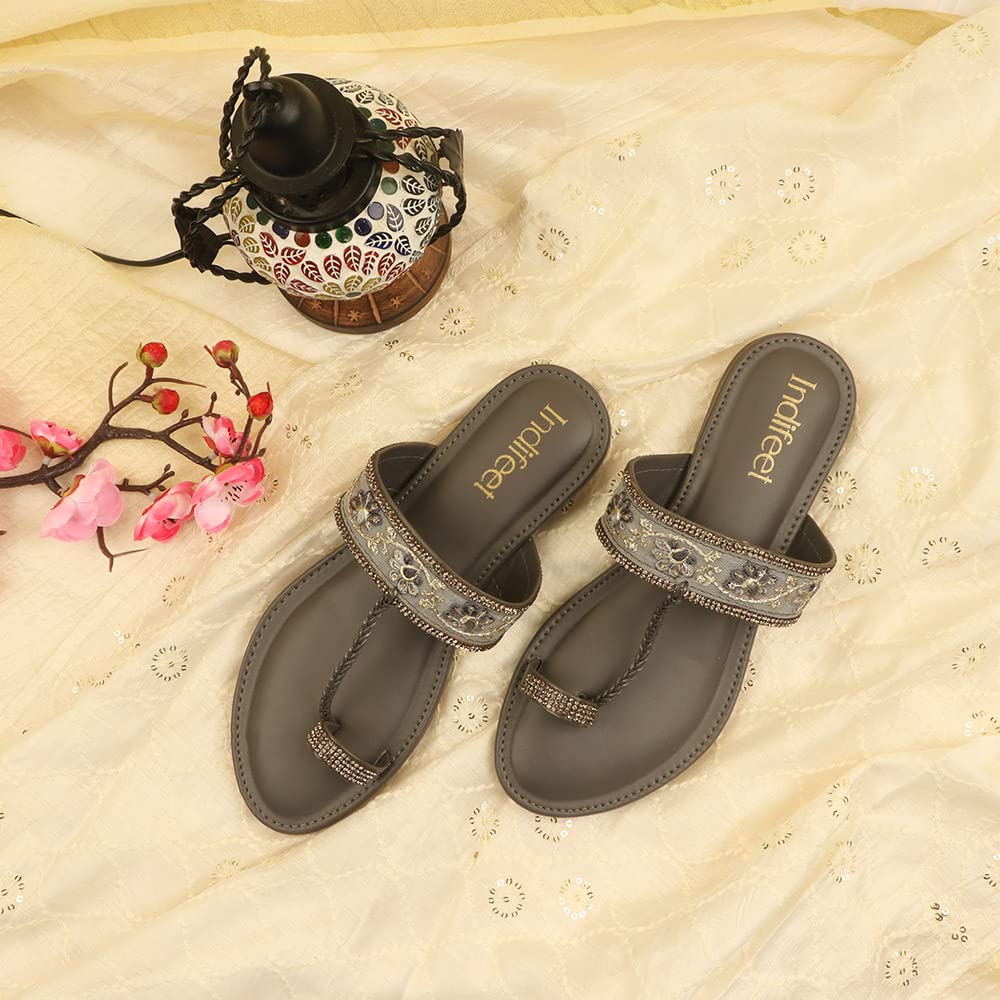 Indifeet Kolhapuri Flat Chappals for Women - Grey - View 2